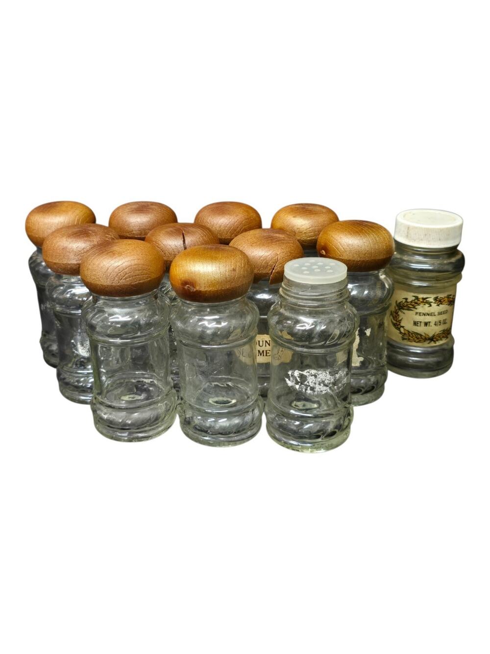 Vintage Glass Spice Bottles Shaker Jars With Faux Wood Lids Lot Of 12